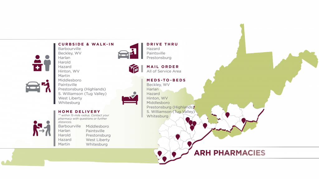 Appalachian Regional Healthcare (ARH) Map of Kentucky and West Virginia highlighting pharmacy locations with curbside & walk-in services, home delivery, drive-thru, mail order, and meds-to-beds options. Find convenient prescription services near you.