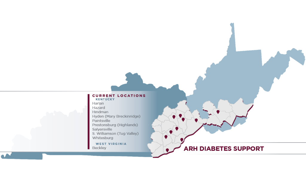 ARH Diabetes Resources Locations Map in Kentucky and West Virginia highlighting Diabetes Resource centers and services near you.
