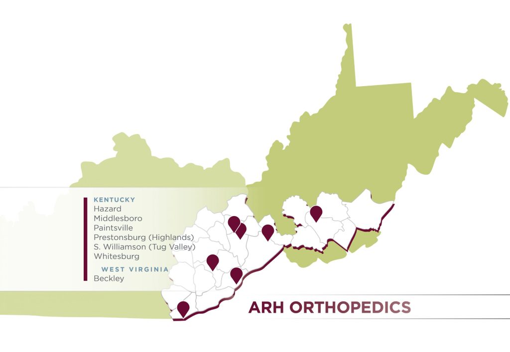 Appalachian Regional Healthcare (ARH) Map of Kentucky and West Virginia highlighting Orthopedic Care options. Find convenient prescription services near you.
