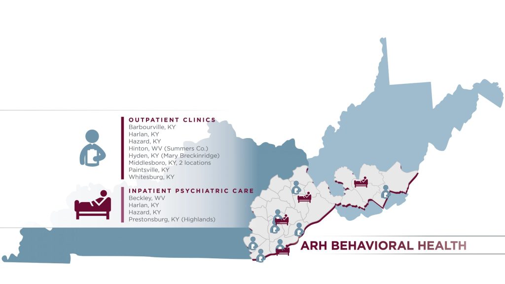 Appalachian Regional Healthcare (ARH) Map of Kentucky and West Virginia highlighting Outpatient Clinics and Inpatient Psychiatric Care options. Find convenient prescription services near you.