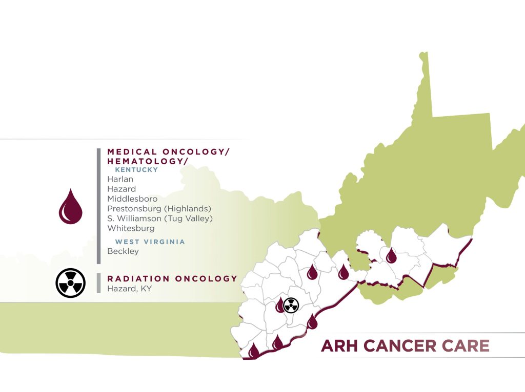 Appalachian Regional Healthcare (ARH) Map of Kentucky and West Virginia highlighting Medical Oncology, Hematology, and Radiation Oncology locations. Find cancer treatment and blood disorder care near you.
