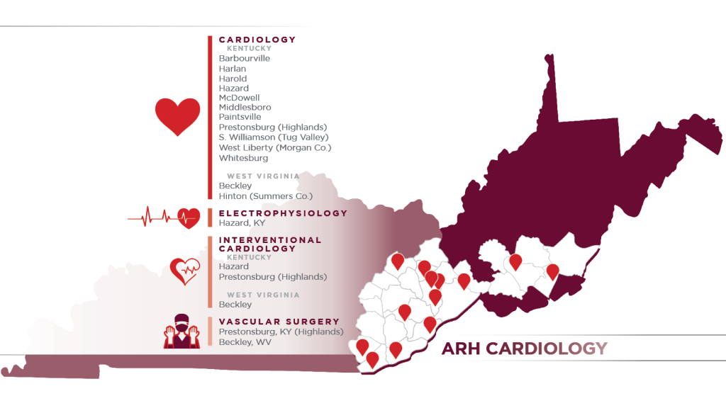 ARH Cardiology Services Map of Kentucky and West Virginia highlighting locations for cardiology, electrophysiology, interventional cardiology, and vascular surgery. Find heart and vascular care near you.