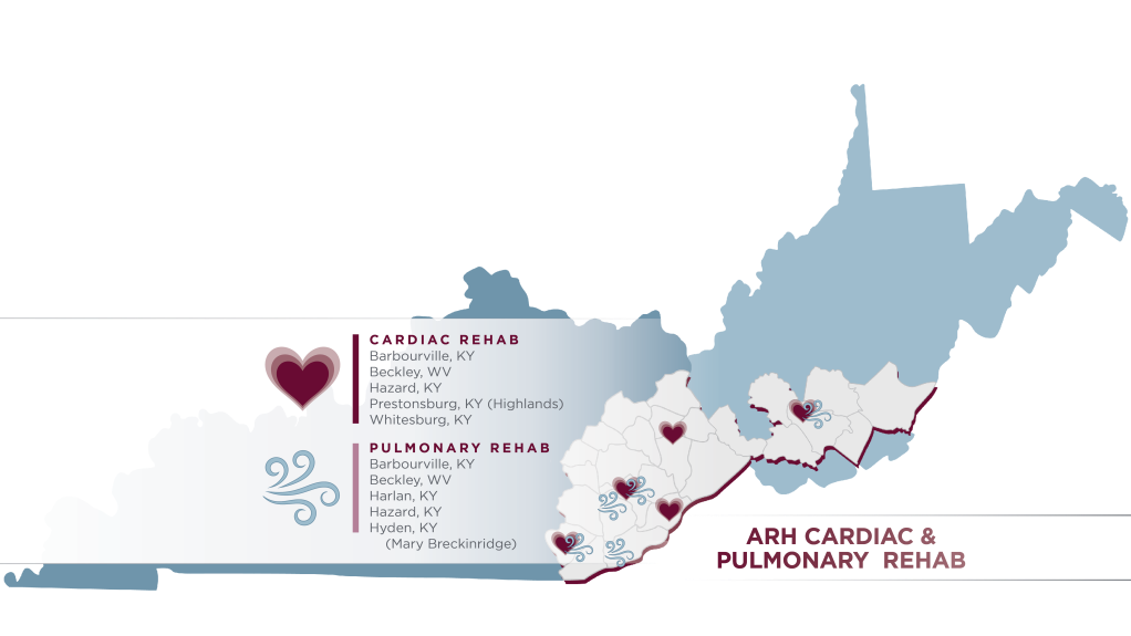 Appalachian Regional Healthcare (ARH) Map of Kentucky and West Virginia highlighting Cardiac Rehab and Pulmonary Rehab options. Find convenient prescription services near you.
