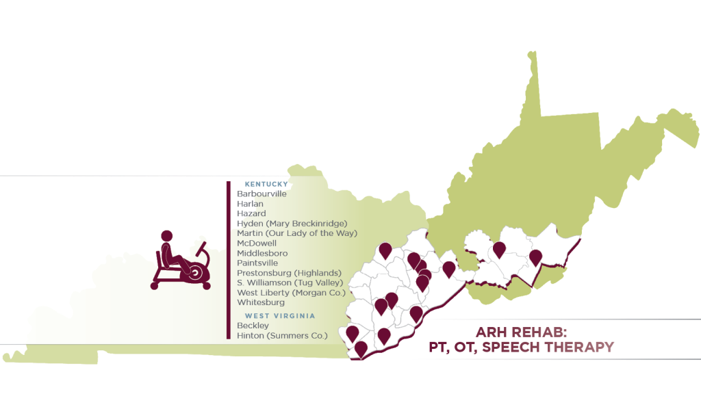 Appalachian Regional Healthcare (ARH) Map of Kentucky and West Virginia highlighting locations for Rehab Physical Therapy, Occupational Therapy (OT), and Speech Therapy services. Find rehabilitation care near you.