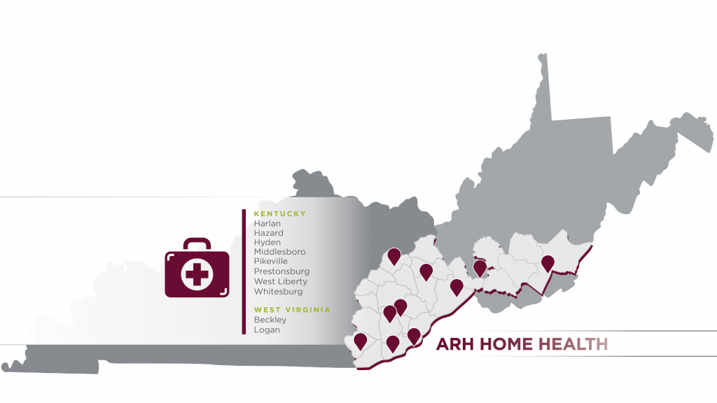 Appalachian Regional Healthcare (ARH) Map of Kentucky and West Virginia highlighting Home Health Services options. Find convenient prescription services near you.