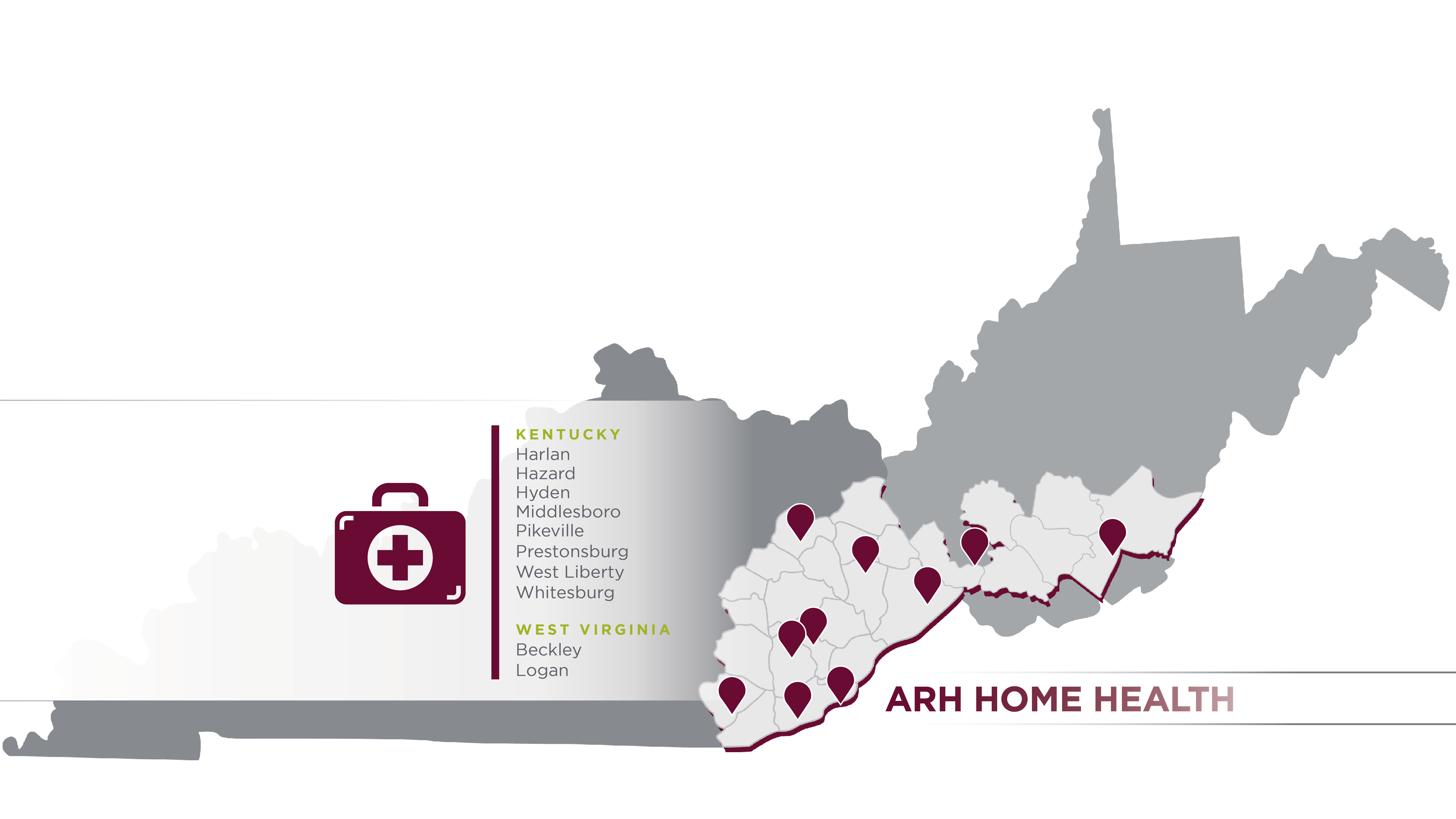 Appalachian Regional Healthcare (ARH) Map of Kentucky and West Virginia highlighting Home Health Services options. Find convenient prescription services near you.
