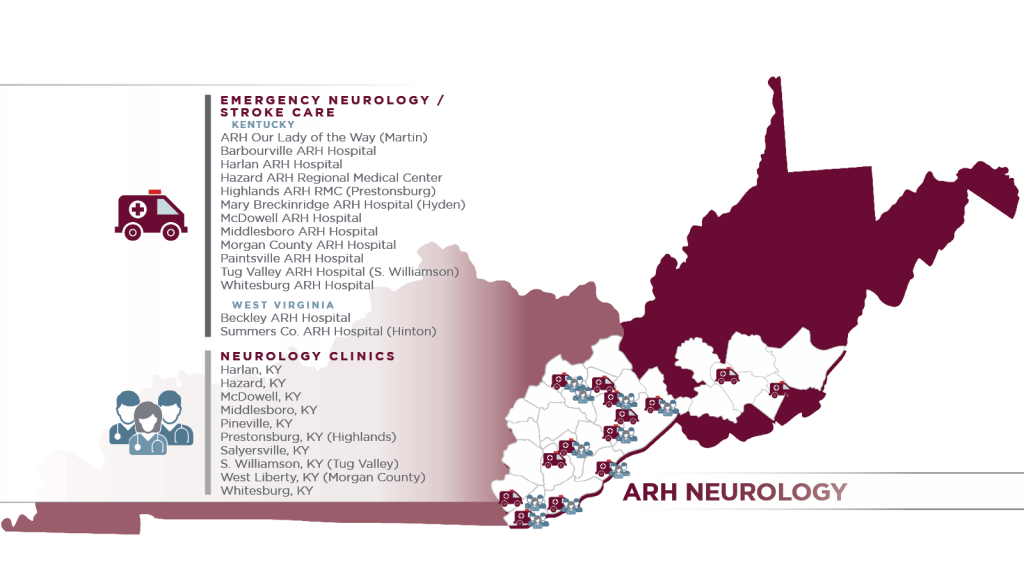 Appalachian Regional Healthcare (ARH) Map of Kentucky and West Virginia highlighting Emergency Neurology, Stroke Care and Neurology Clinic options. Find convenient prescription services near you.