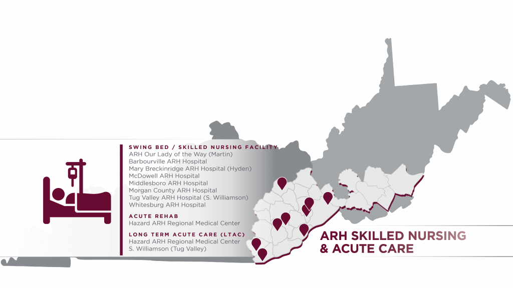 ARH Map of Kentucky and West Virginia highlighting Swing Bed, Skilled Nursing Facilities, Acute Rehab, and Long-Term Acute Care locations. Find post-acute and rehabilitation care near you."