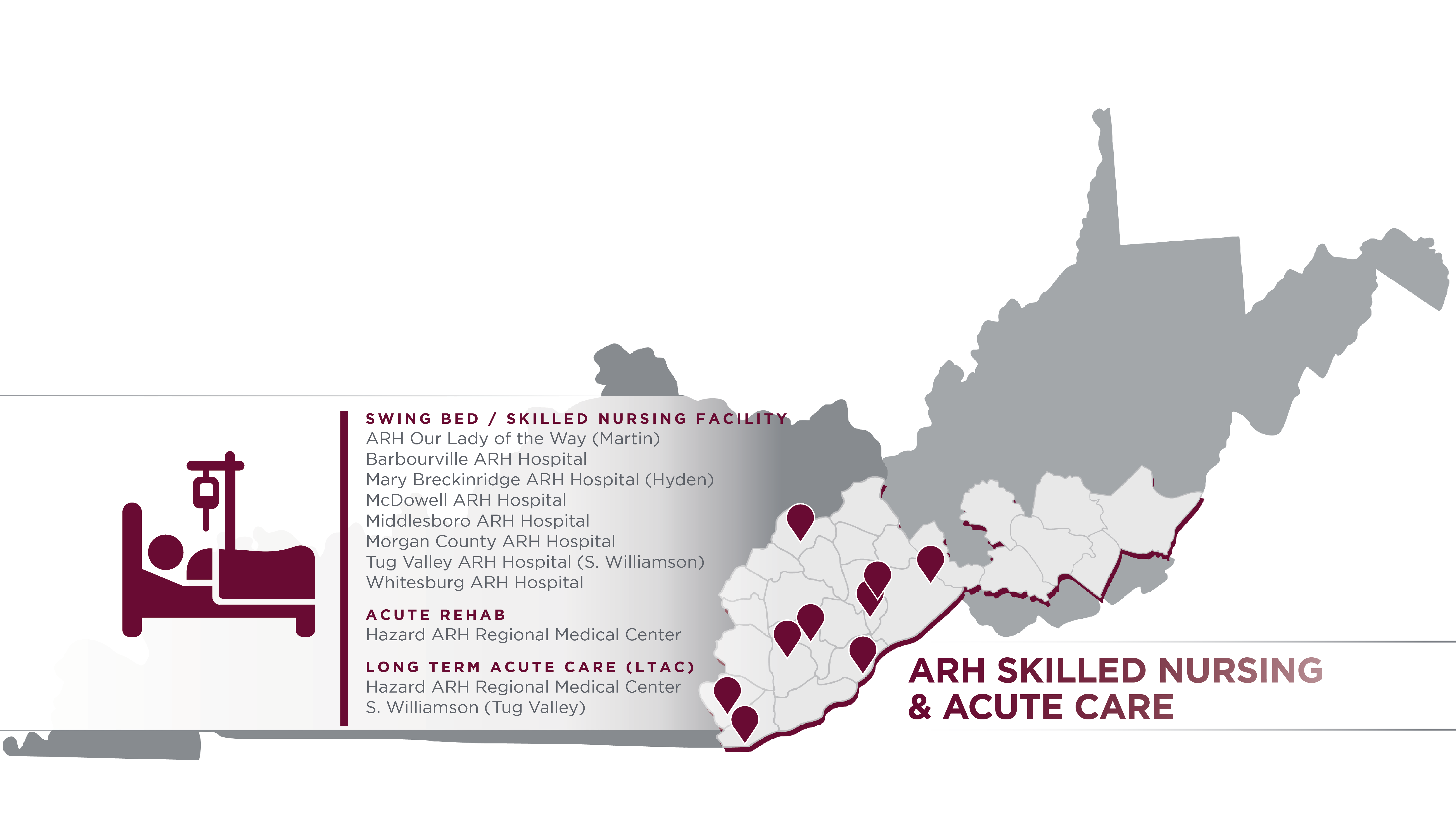 ARH Map of Kentucky and West Virginia highlighting Swing Bed, Skilled Nursing Facilities, Acute Rehab, and Long-Term Acute Care locations. Find post-acute and rehabilitation care near you."