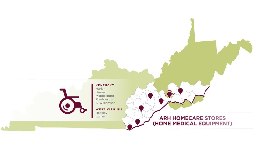 Appalachian Regional Healthcare (ARH) Map of Kentucky and West Virginia highlighting Homecare Store and Home Medical Equipment options. Find convenient prescription services near you.