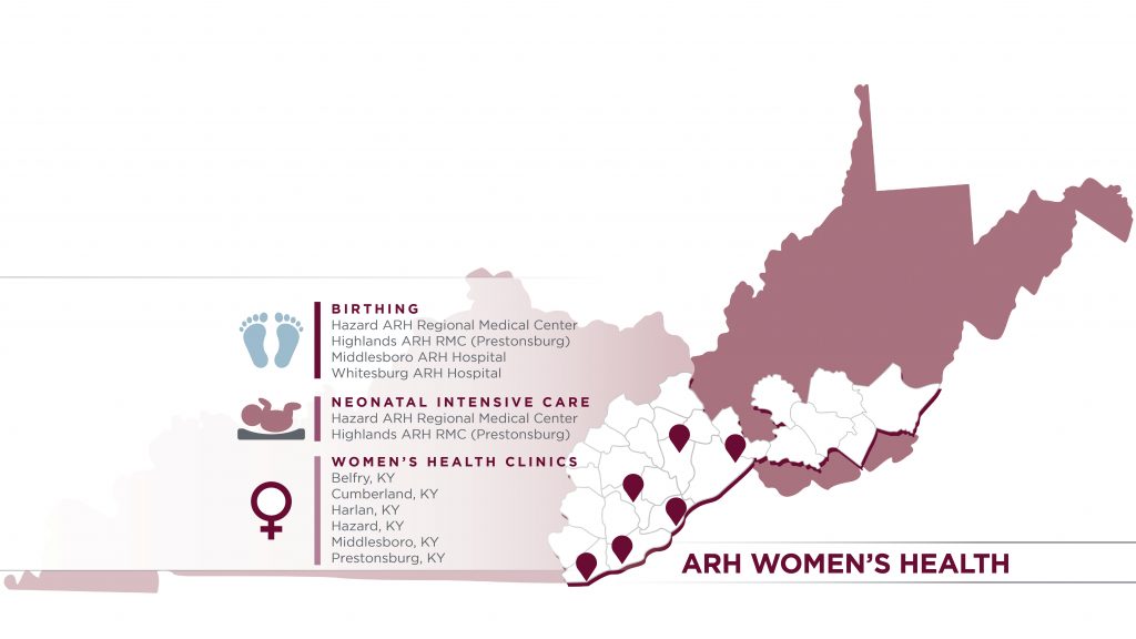 A map of Appalachian Regional Healthcare Women's Health locations including birthing, residential intensive care, women's health clinics.