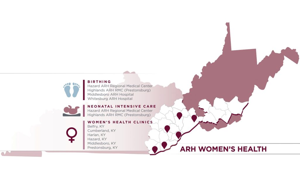 A map of Appalachian Regional Healthcare Women's Health locations including birthing, residential intensive care, women's health clinics.