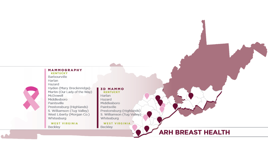 ARH Women's Health Locations Map in Kentucky and West Virginia highlighting mammography and 3D mammography centers. Find breast cancer screening services near you.