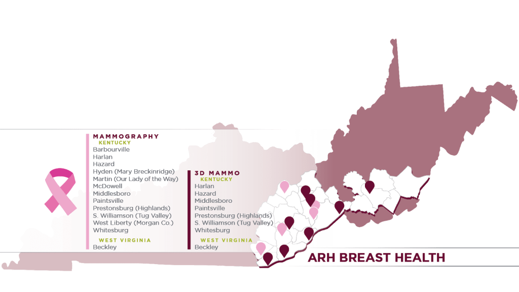 ARH Women's Health Locations Map in Kentucky and West Virginia highlighting mammography and 3D mammography centers. Find breast cancer screening services near you.