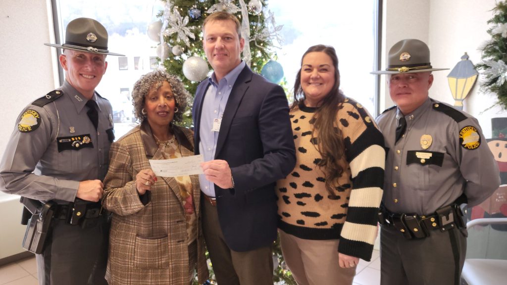 Pictured L to R: Trooper Shane Jacobs (Public Affairs Officer); Andrea Massey (ARH Trustee); Joe Horton (Harlan ARH Community CEO); Amber Keith (Harlan ARH Chief Nursing Officer); Captain Danny Caudill (Post 10 Commander)